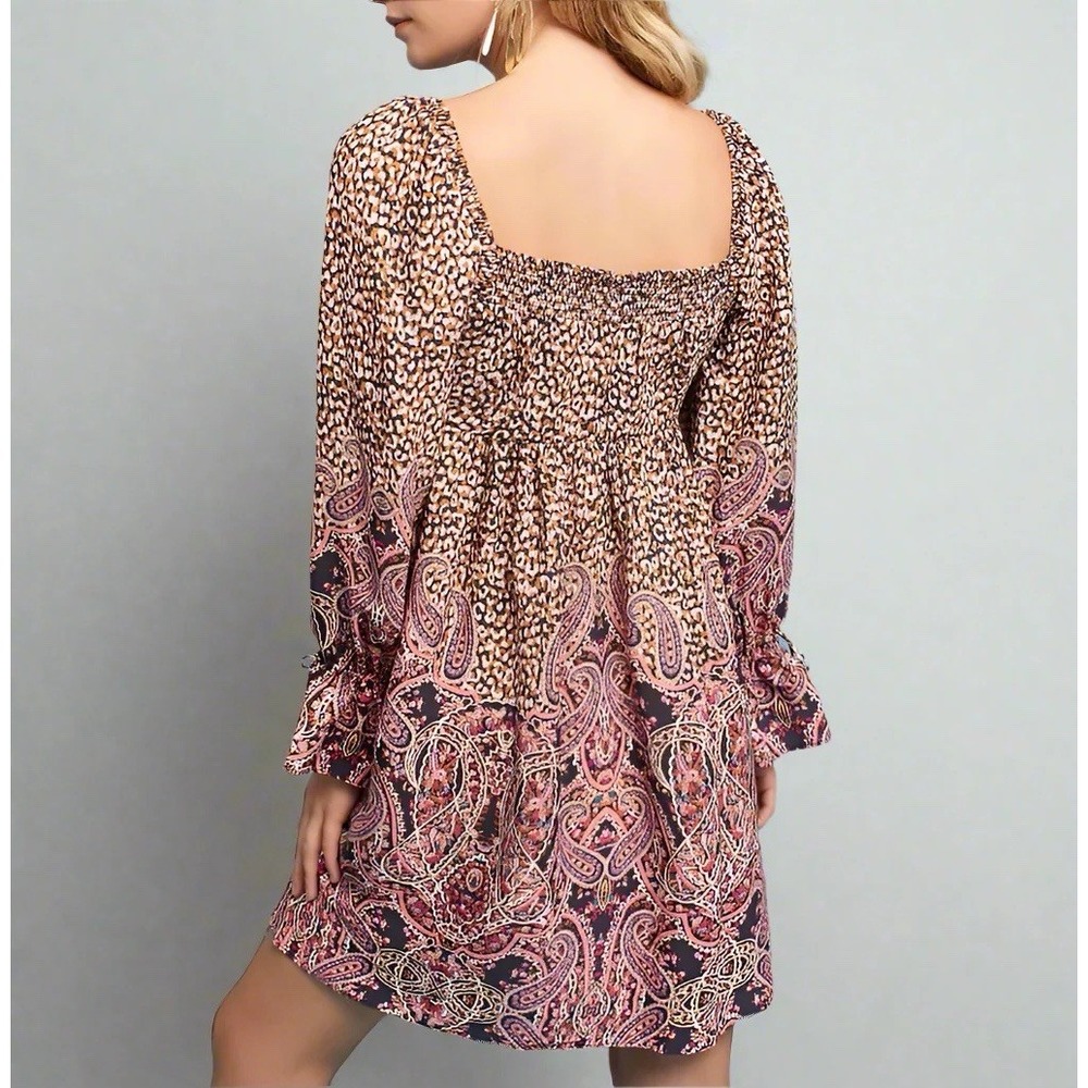 Maeve Anthropologie Miley Paisley Dress Boho Smocked Leopard Print Sz XL